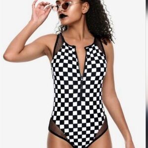 Midnight Hour Checkered Swimsuit, size small, mesh sides, zip front, EUC.